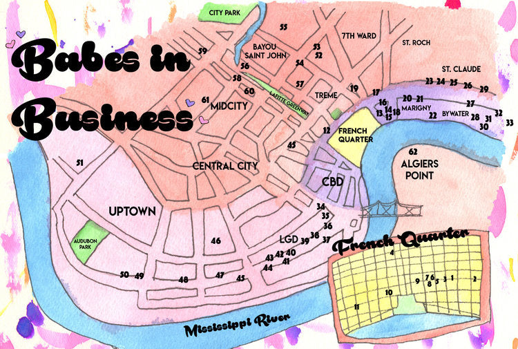 Business Directory for Women and non-binary artists, makers, and organizations. Map of shops and businesses the French Quarter in New Orleans. 