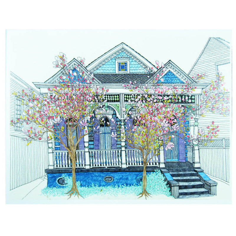 pink Magnolia trees outside blue new orelans home illustration by Fox & Comet