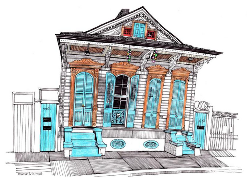 Blue Doube shotgun new orleans home with orange trim on Burgundy and saint phillip by fox and comet