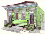 Lesseps & Dauphine Green double shotgun house in New Orleans, LA by local artist Fox & Comet