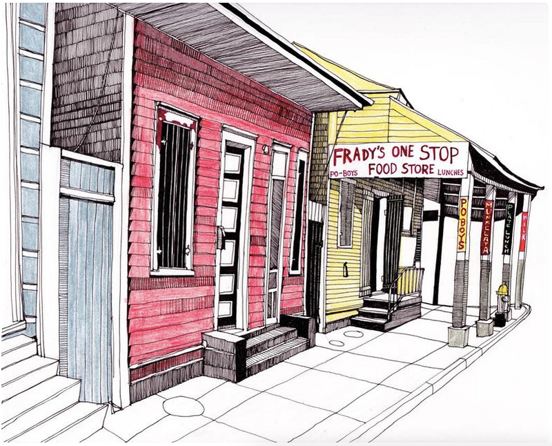 Frady's One Stop Food Store and the Bywater Illustration art by Fox and Comet