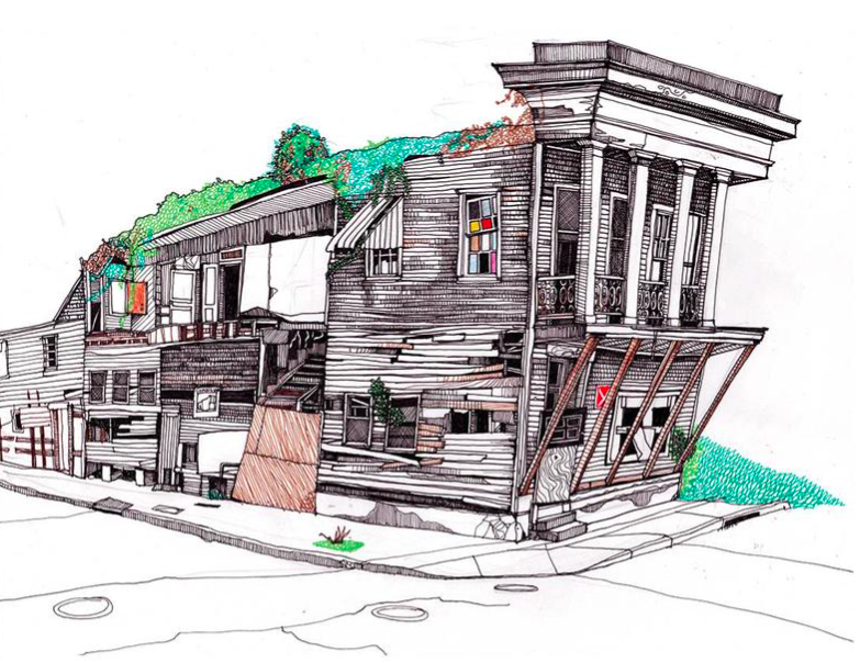 Two Story house on OC Haley Boulevard in New Orleans. Drawing by Magda Boreysza