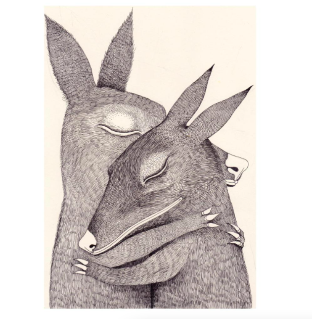 Two creatures hugging, illustration by Fox & Comet