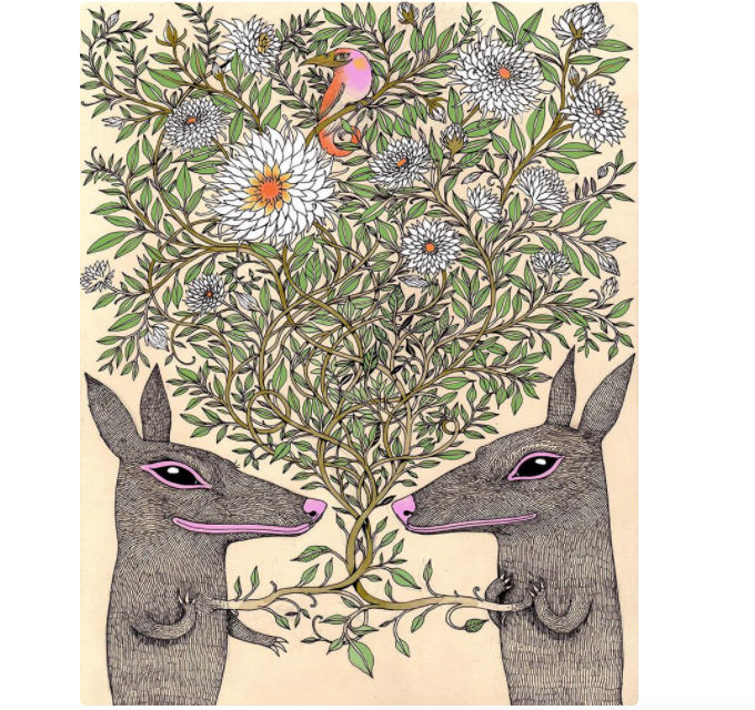 Two creatures with roots coming out of their chest, intertwining and coming up into leaves and flowers. A bird sits at the top.