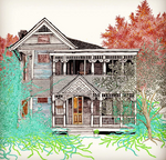 Victorian two story house illustration with green, turquoise and maroon trees and plants surrounding it.