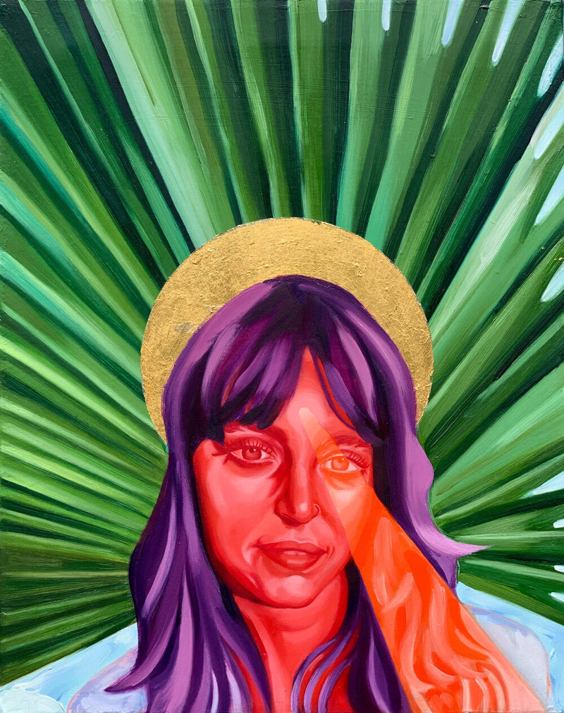 A beam of red light comes from the red face of a purple haired figure against a palmetto leaf background. Digital print of an original oil painting by Katie Kut