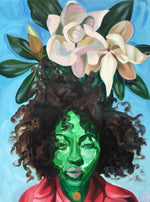 Magnolias by Pyramids and rainbows/ Green facesd figure with brown hair and large white flowers