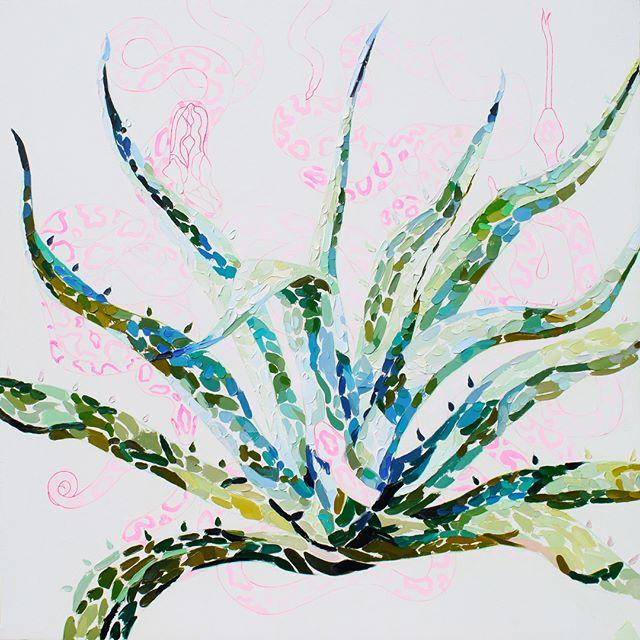 Textured blue, green and pink Agave painting by Pyramids and rainbows. Snakes slither between the mosaic leafs