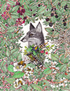 Fox illustration, the creature holds a bouquet. Fox is surrounded by leaves, berries, flowers and bees all around.