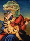 Print of a portrait of a gator in a dress reading a book to a baby gator by Jane Talton