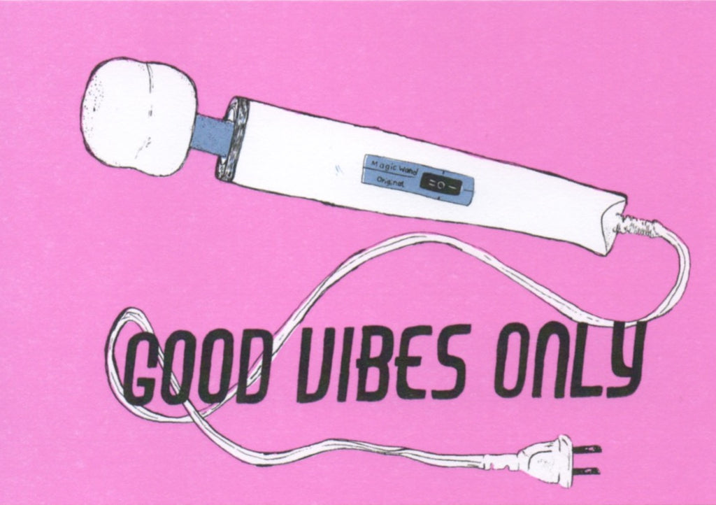 Hot Pink Postcard of Hitachi Vibrator "Good Vibes Only" by Kiernan Dunn