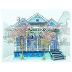 pink Magnolia trees outside blue new orelans home illustration by Fox & Comet
