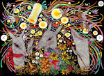Three creatures in celebration, holding instruments and surrounded by lots of colorful flowers and creatures.