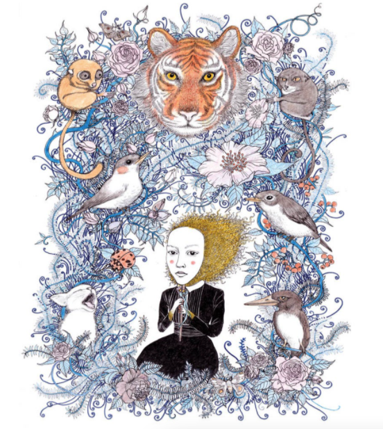 Human figure wearing a black dress and holding a mask up to their face surrounded by a nature frame with flowers, plans, monkeys and other creatures. A large tiger head  sits directly above.