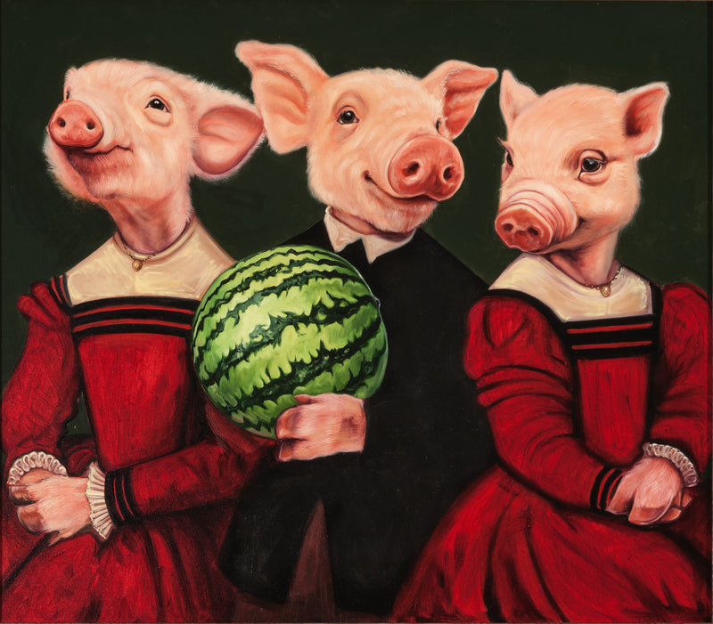 Print of a portrait of three pigs in formal wear, one holds a watermelon, painted by Jane Talton