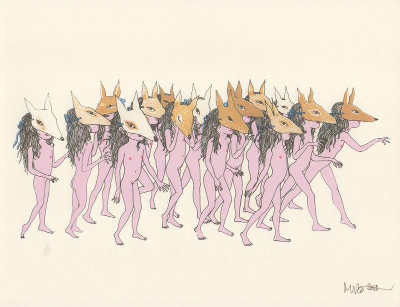 They are Creatures print by Magda Boreysza. Crowd of children in masks