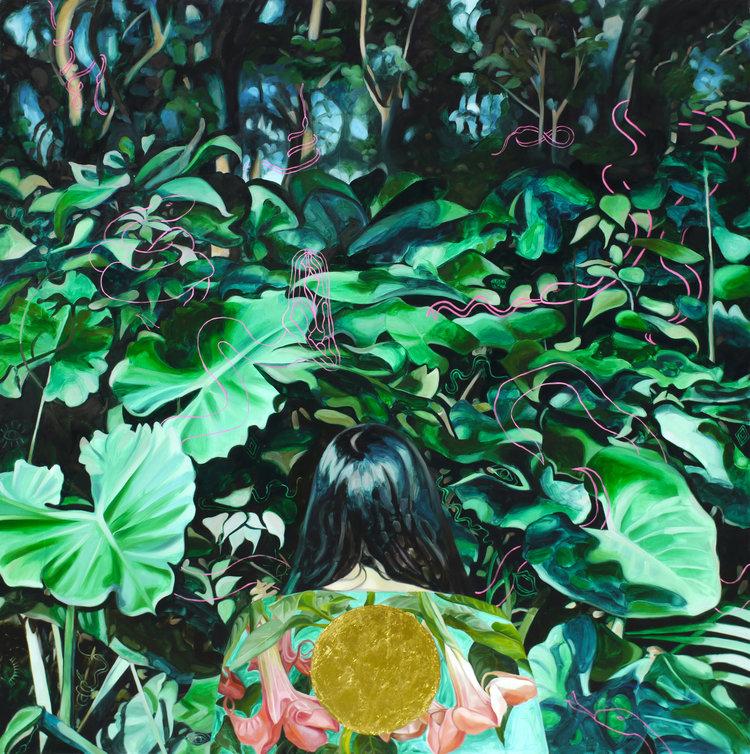 Alejandra print of tropical green painting with gold and pink flowers