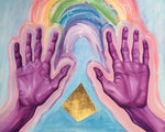 Healing Hands by Katie McMullen. Two purple hands with pink aura connected by a rainbow. a gold triangle pyramid hovers below