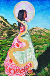 Noy Painting by Katie McMullen. Central figure in green mountainous landscape with gold snake traversing then creating a halo. Original art by Katie Kut