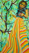 Pan + Almond print of figure with colored striped skirt among the trees by Katie Kut