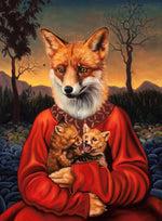 Print of a portrait of a fox in a dress holding two baby foxes by Jane Talton