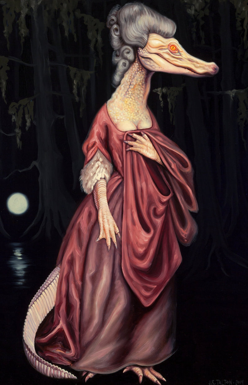 Print by Jane Talton featuring a standing up gator in a silk dress and gray wig in front of a full moon
